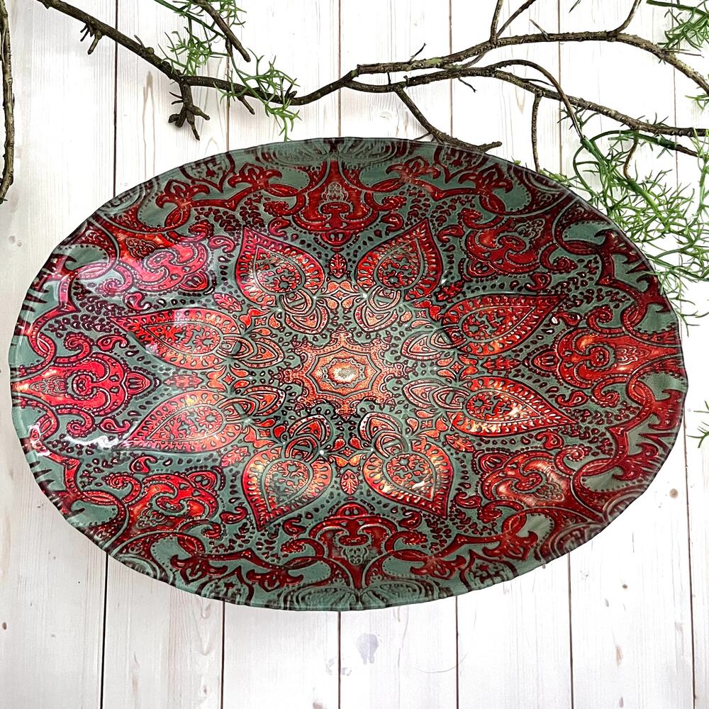 Ornate Reverse Glass Painted Silver Foil & Red Oval Bowl Textured Exterior 12"